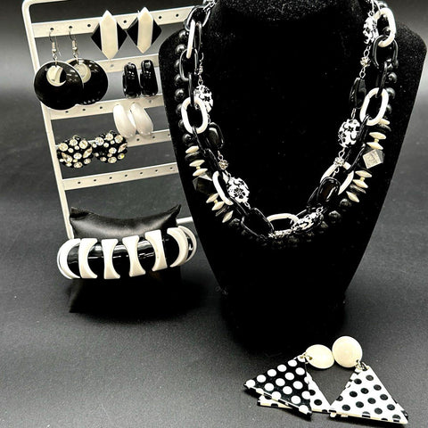 Black and White Jewelry Lot 8 Items Necklace Bracelet Earrings Polka Dot Retro