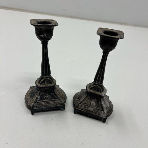 Antique Pair Victorian Cast Metal Candlestick Holders Renaissance Gothic Revival