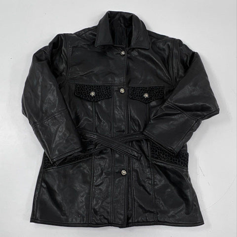 Vintage 90s Made in Italy Belted Faux Leather Jacket Animal Print Accents Sz XL