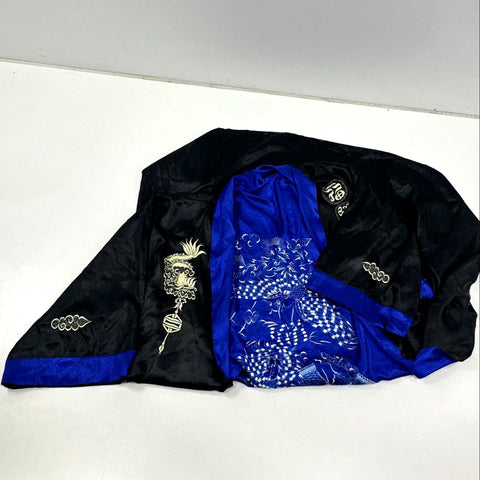 Vintage 80s Unisex Embroidered Dragon Robe Kimono Black Blue Silk Souvenir