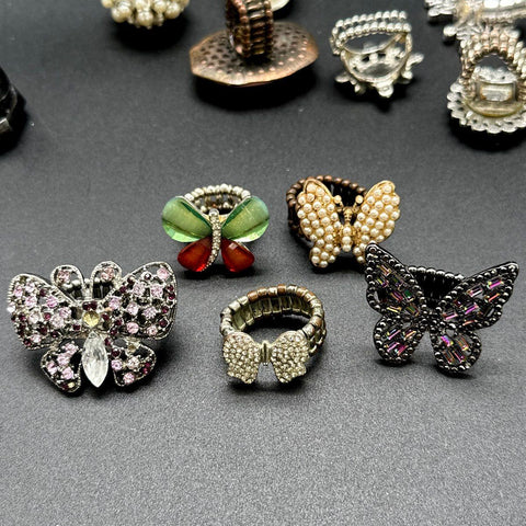 Fashion Costume Jewelry Lot of 11 Stretch Rings Butterfly Faux Pearl Floral