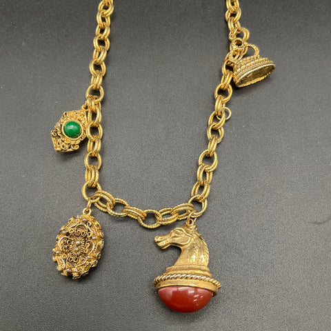 Vintage Etruscan Revival Gold Tone Fob Necklace & Cabochon Cross Pendant Lot