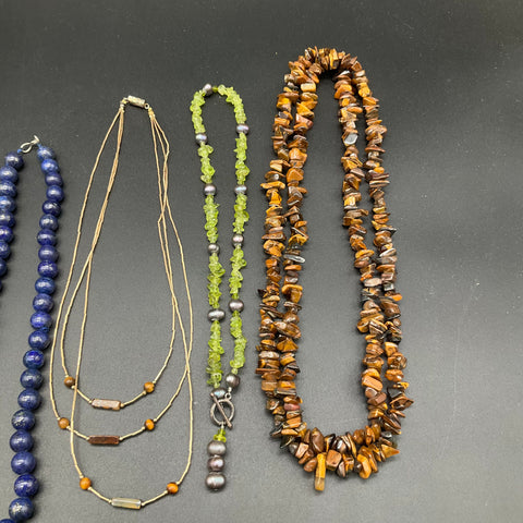 Natural Stone Necklace Jewelry Lot 9 Pieces Amethyst Lapis Tiger's Eye Peridot