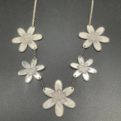 Brighton Dazzle Bloom Silver Tone Flower Station Necklace Clear Crystals 18"