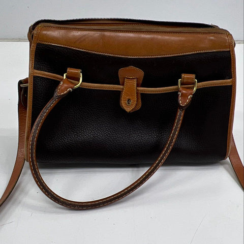 Vintage 90s Dooney & Bourke Black Tan All Weather Leather Satchel Brass