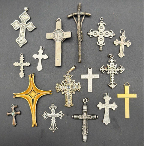 Mixed Cross and Crucifix Pendant Jewelry Lot 15 Pieces Vintage to Modern