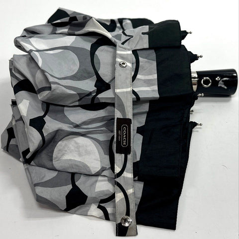 Coach Black Gray White Signature Print Compact Collapsible Travel Umbrella