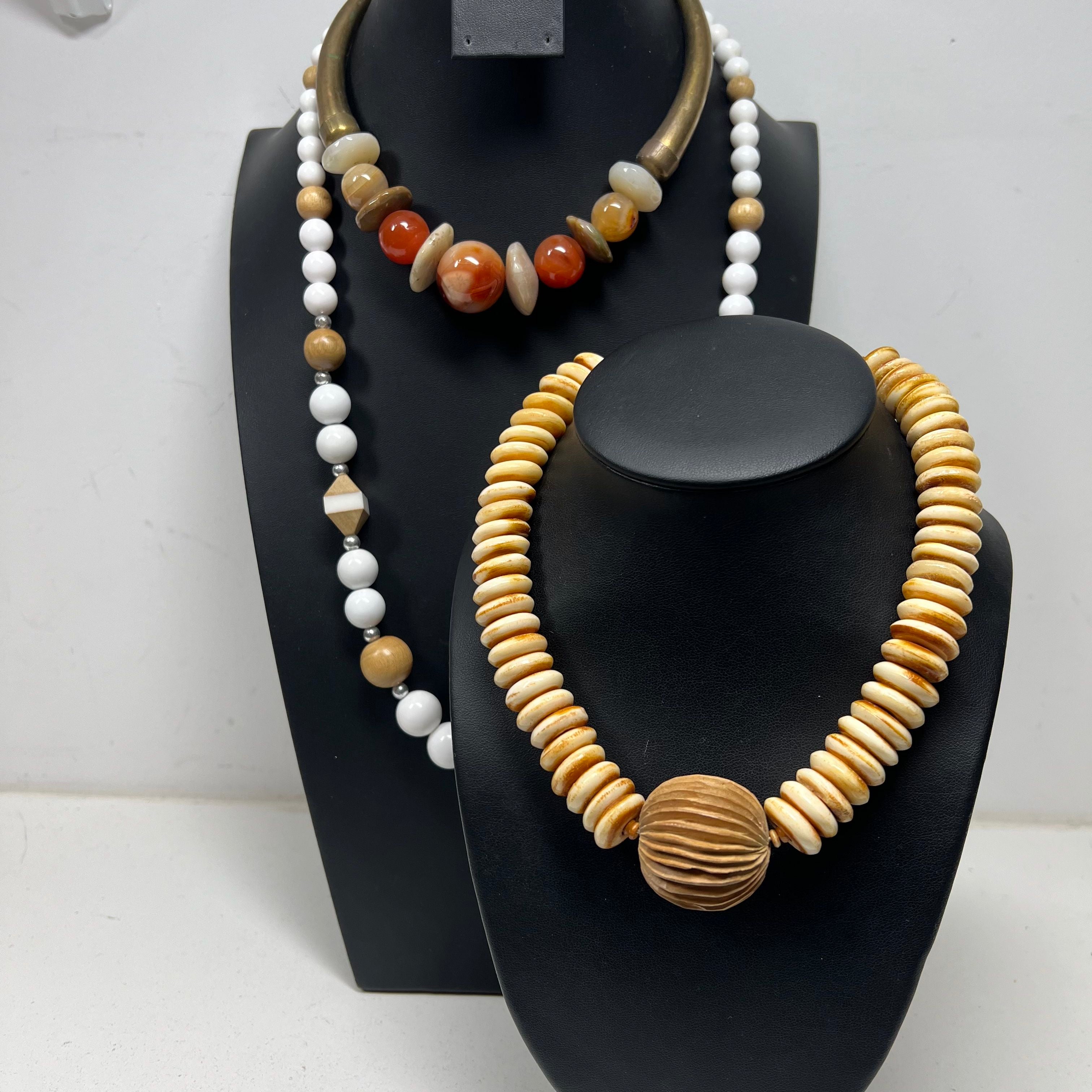 Beaded Statement Brown Tan White Necklaces