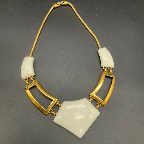Vintage 1970s-80s Monet Gold Tone White Enamel Geometric Bib Necklace