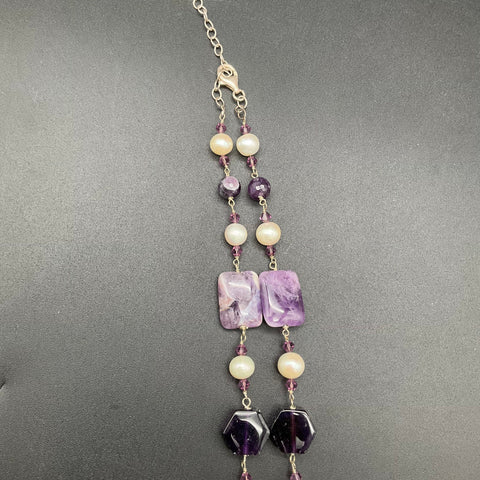 Sterling Silver 925 Amethyst & Pearl Artisan Handcrafted Necklace Purple 26"
