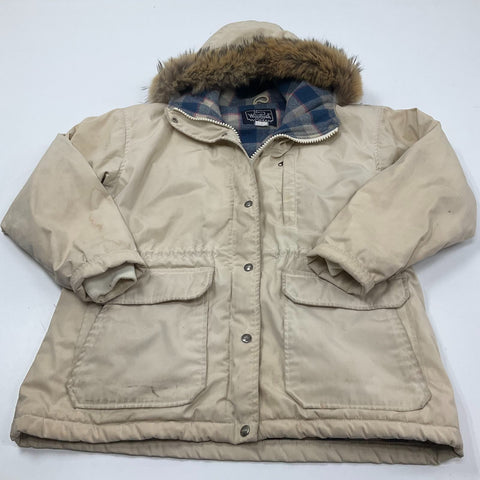 Woolrich Beige Tan Vintage 80s Plaid Lined Faux Fur Hood Parka Coat Womens M