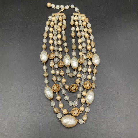 Vintage Kramer Gold Tone Multi-Strand Faux Baroque Pearl Glass Bead Necklace