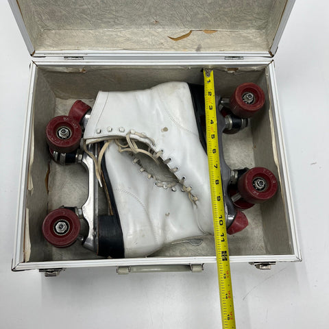 Vintage 70s White High Top Quad Roller Skates w/ Retro Blue Travel Case