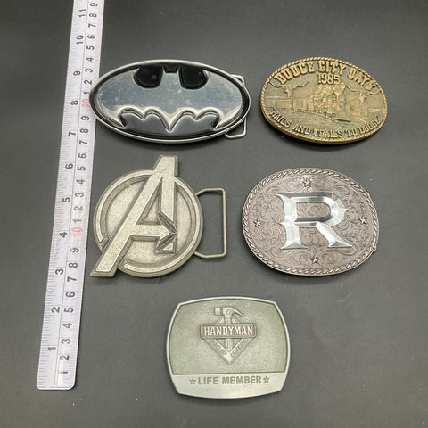 Lot of 5 Belt Buckles Vintage 80s Dodge City Brass Batman Avengers Handyman