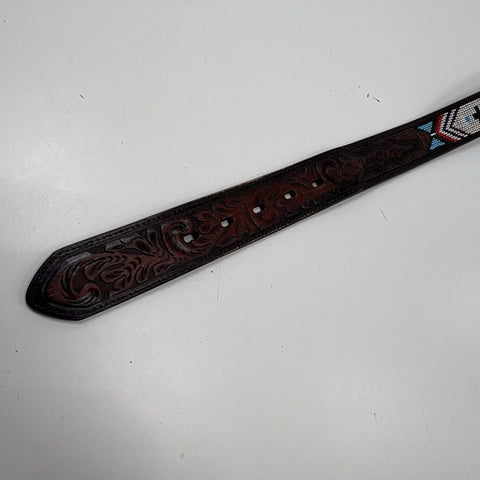 3D Belt Co Brown Hand Tooled Leather Beaded Western Belt Silver Buckle Sz 38