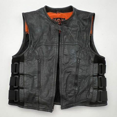 True Element Men's Black Tactical Leather Motorcycle Vest Side Straps XL