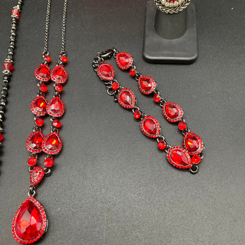 Charming Charlie & Mixed Red Black Costume Jewelry Lot Statement Necklaces Rings
