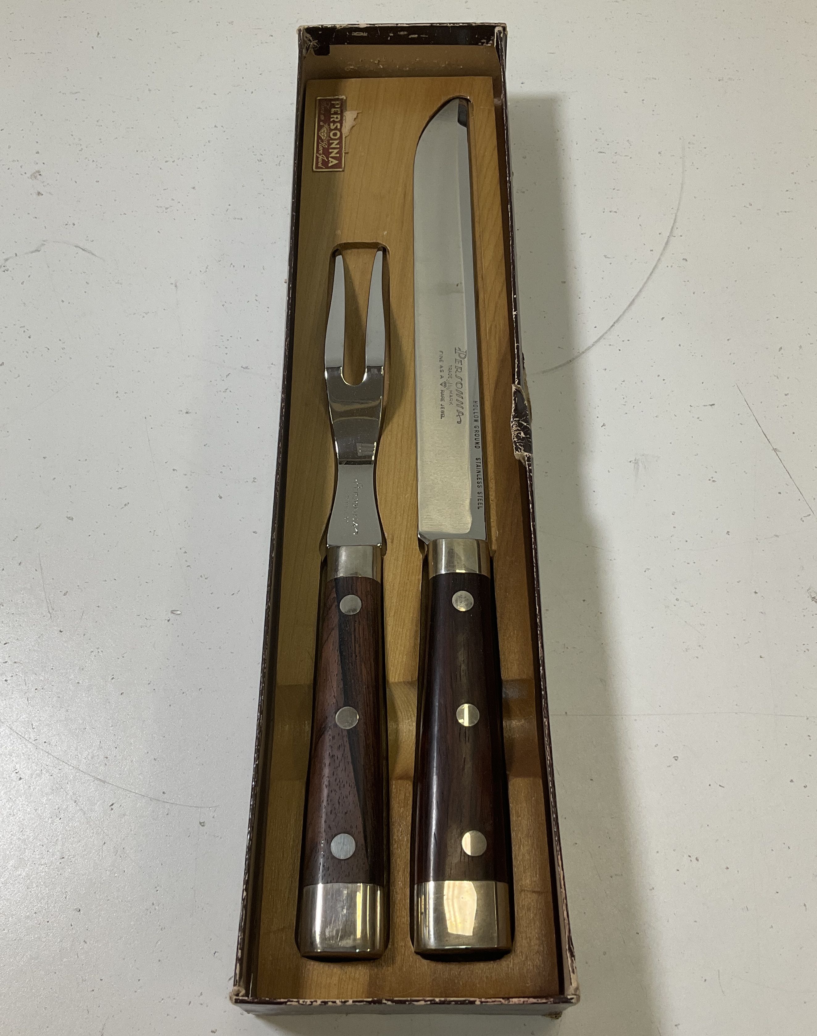 Vintage Personna Hollow Ground 2 Pc Stainless Steel Carving Set in Wood Tray IOB