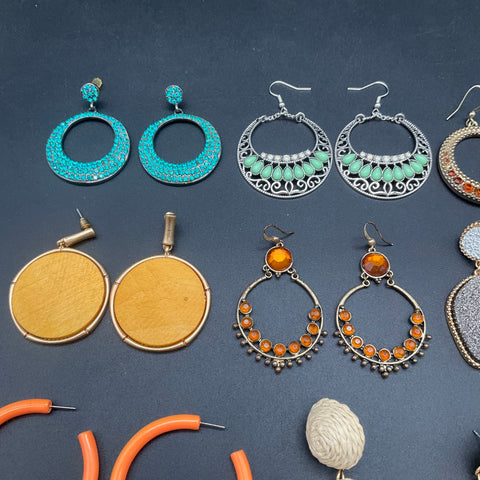Boho Statement Earrings Lot of 16 Pairs Tassel Raffia Hoop Drop Retro Styles