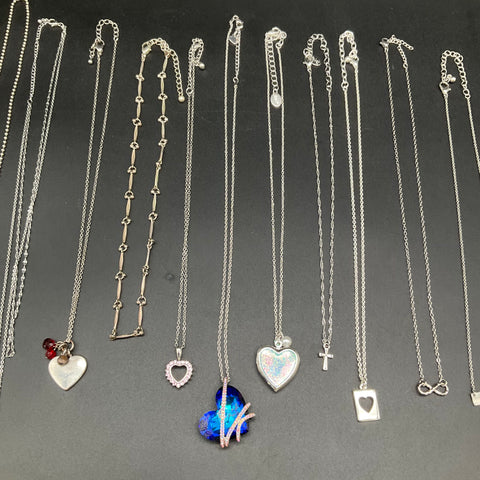 Mixed Costume Jewelry Lot 14 Silver Tone Necklaces Heart Cross Infinity Hope