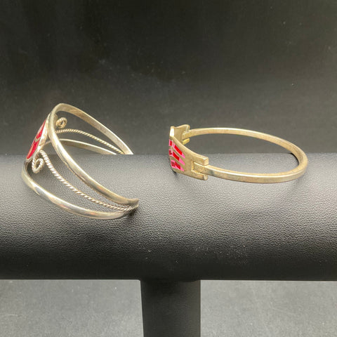 Vintage Mexican Silver Inlay Bracelet Lot of 2 Cuff Bangle Floral Geometric
