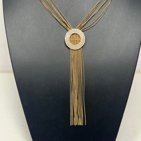 Vintage Rhinestone Tassel Necklace MCM Gold Tone Bling