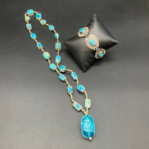 Vintage Egyptian Revival Blue Scarab Necklace and Bracelet Jewelry Set of 2