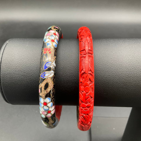 Vintage Cloisonne & Cinnabar Style Carved Red Bangle Bracelet Jewelry Lot 2pc