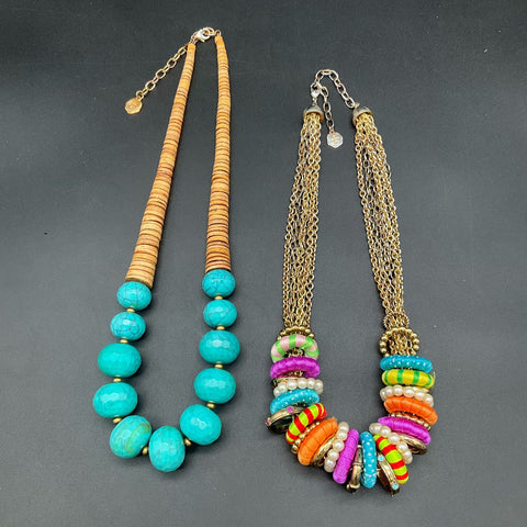 Graziano Gold Tone Statement Necklaces Lot of 2 Boho Beaded Turquoise Color