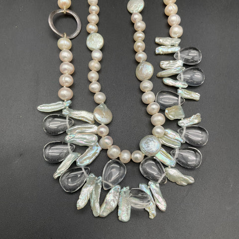Cultured Pearl Necklace Baroque Stick Coin Pearls Clear Teardrop Dangles 28"