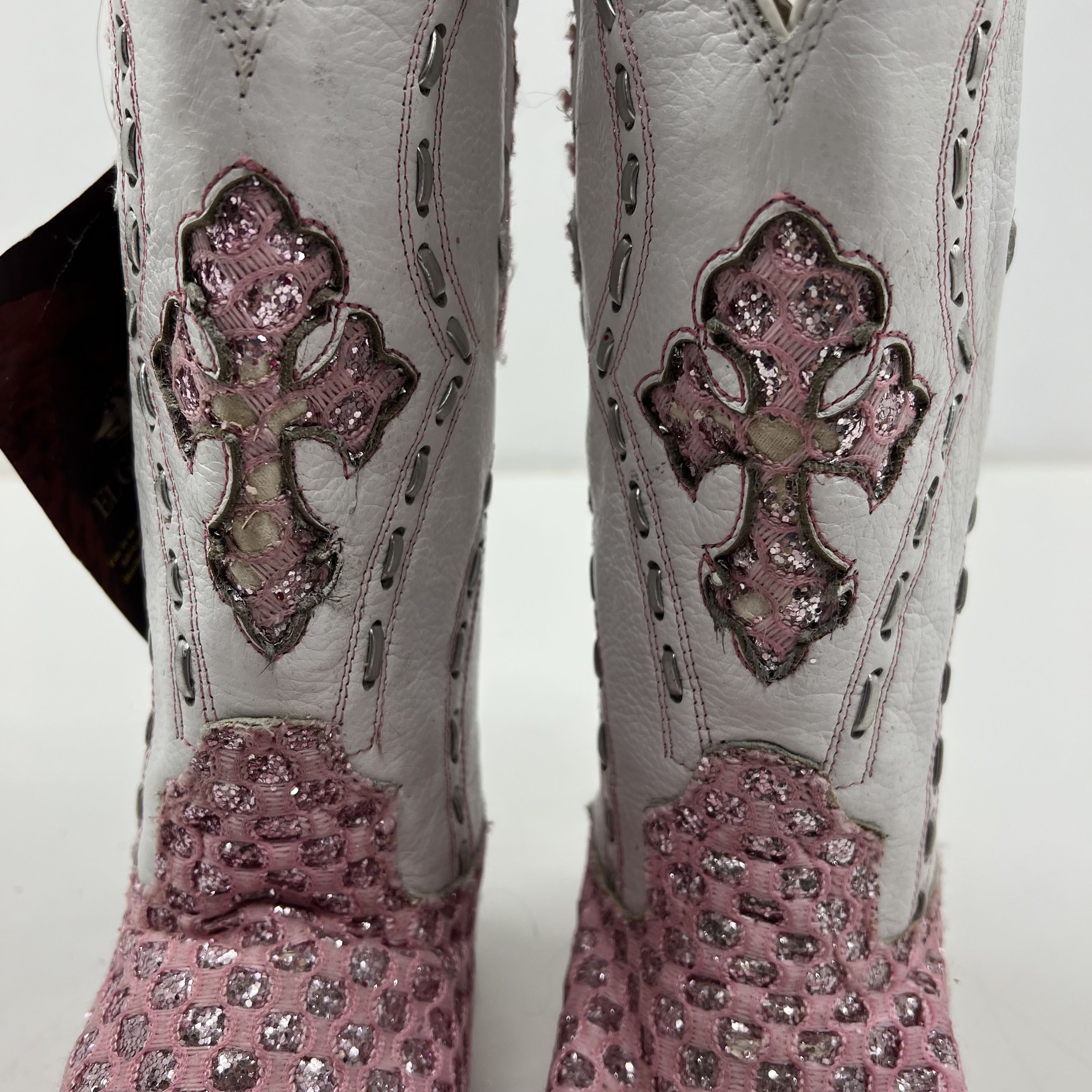 El General Pink White Glitter Cross Western Cowboy Boots Pointed Toe Size 6