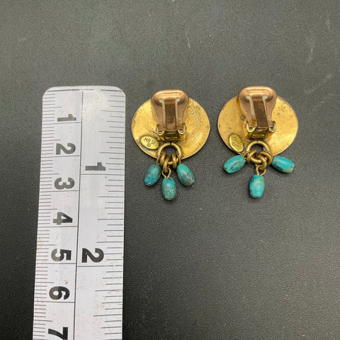 Vintage Marjorie Baer MB SF Gold Tone Turquoise Bead Clip On Dangle Earrings