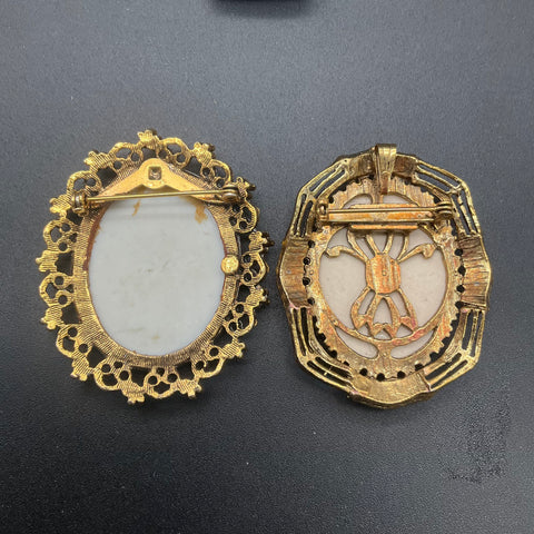 Vintage Hand Painted Floral Porcelain Brooches Gold Tone Filigree Pins Lot of 2