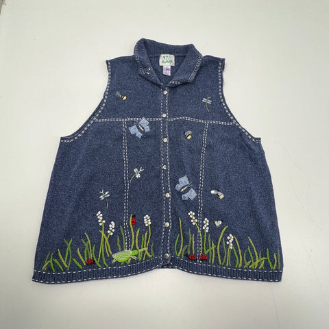 Vintage Y2K Quacker Factory Blue Embroidered Bugs Garden Sweater Vest Women's 3X