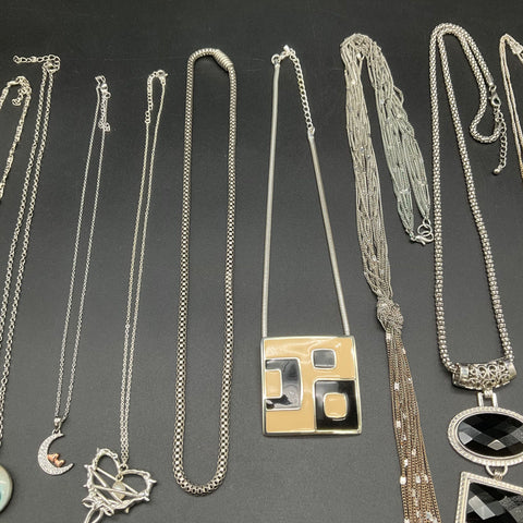 Silver Tone Jewelry Lot 9 Necklaces Boho Geometric Moon Heart Feather Tassel