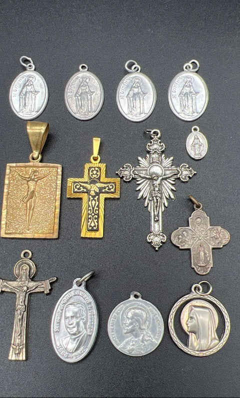 Vintage Religious Jewelry Lot of 16 Pendants Cross Crucifix Miraculous Medals