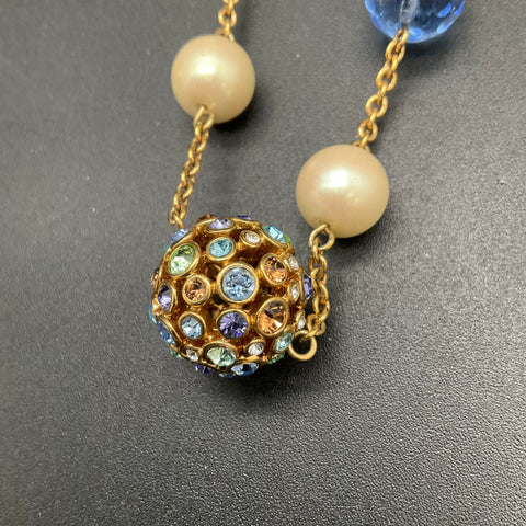 Carolee Gold Tone Faux Pearl Multi-Color Rhinestone Pave Ball Necklace 18"
