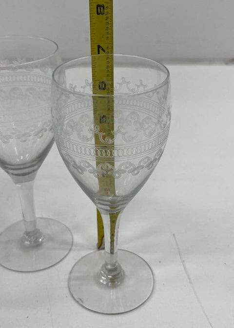 Vintage Needle Etched Scroll Band Wine Glasses Water Goblets Set of 2