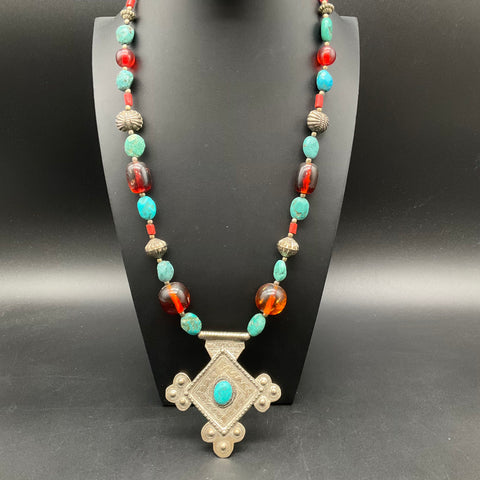 Vintage Boho Statement Necklace Stamped India Turquoise Amber Coral Style Beads