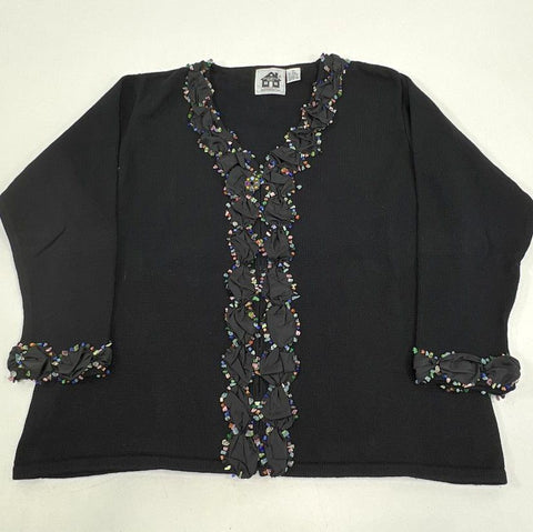 Storybook Knits Vintage Y2K Black Beaded Ruffle Cardigan Sweater Women's 3X