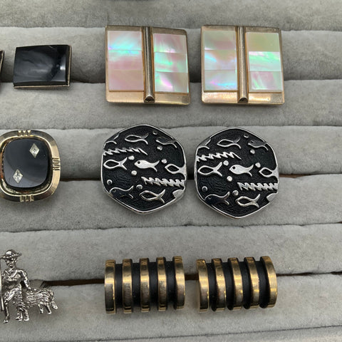 Vintage Mens Cufflinks Tie Bar Lot 7 Sets Figural Dog Fish MOP Mid Century
