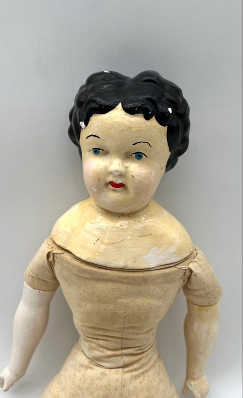 Antique China Head Doll 19 Inch Porcelain Cloth Body Painted Face Broken Foot