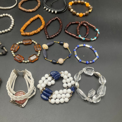 Vintage & Modern Costume Jewelry Lot of 30 Beaded Bangle Cuff Bracelets Boho