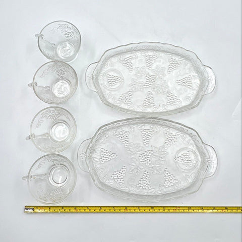 Anchor Hocking Vintage Snack Set 6 Piece Grape Leaf Clear Glass Trays & Cups
