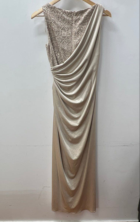 Adrianna Papell Women's Champagne Lace Sequin Draped Ruched Gown Dress Size 4
