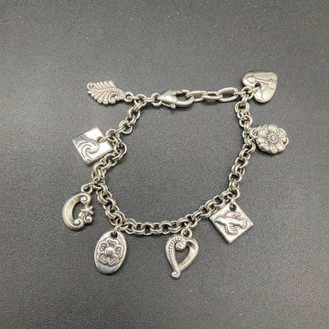 Brighton Silver Tone 8-Charm Link Bracelet Heart Flower Nature 7"