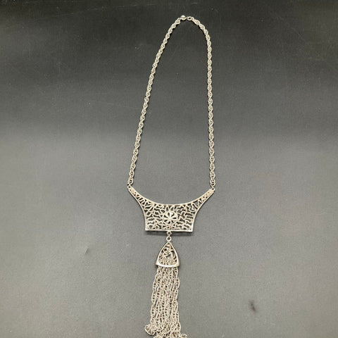 Vintage 1960s 1970s Silver Tone Tassel Necklace Openwork Filigree Boho Mod