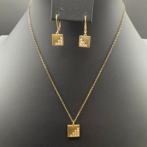 TCS Gold Tone Rhinestone Geometric Square Necklace and Earring Set 18"
