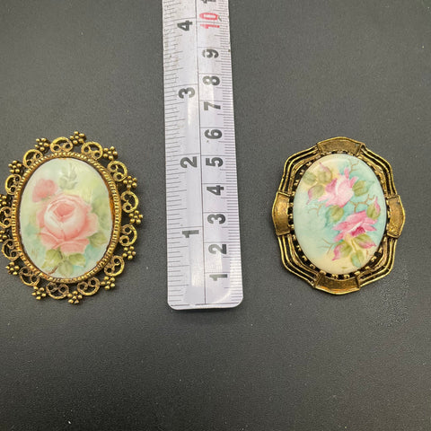 Vintage Hand Painted Floral Porcelain Brooches Gold Tone Filigree Pins Lot of 2