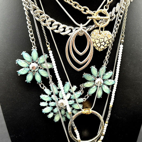 8pc Fashion Necklace Lot Gold & Silver Floral Tassel Heart Rhinestone Boho